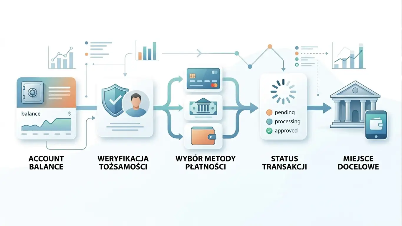 Neutralny diagram procesu wypłaty od salda przez weryfikację do statusu transakcji