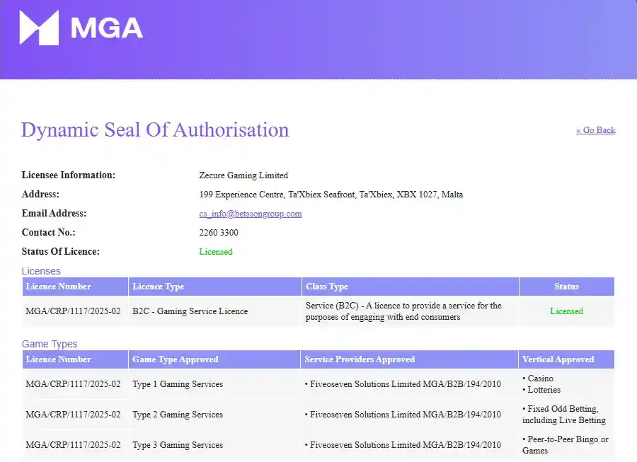 Wpis Malta Gaming Authority dla Zecure Gaming Limited i rizk.com