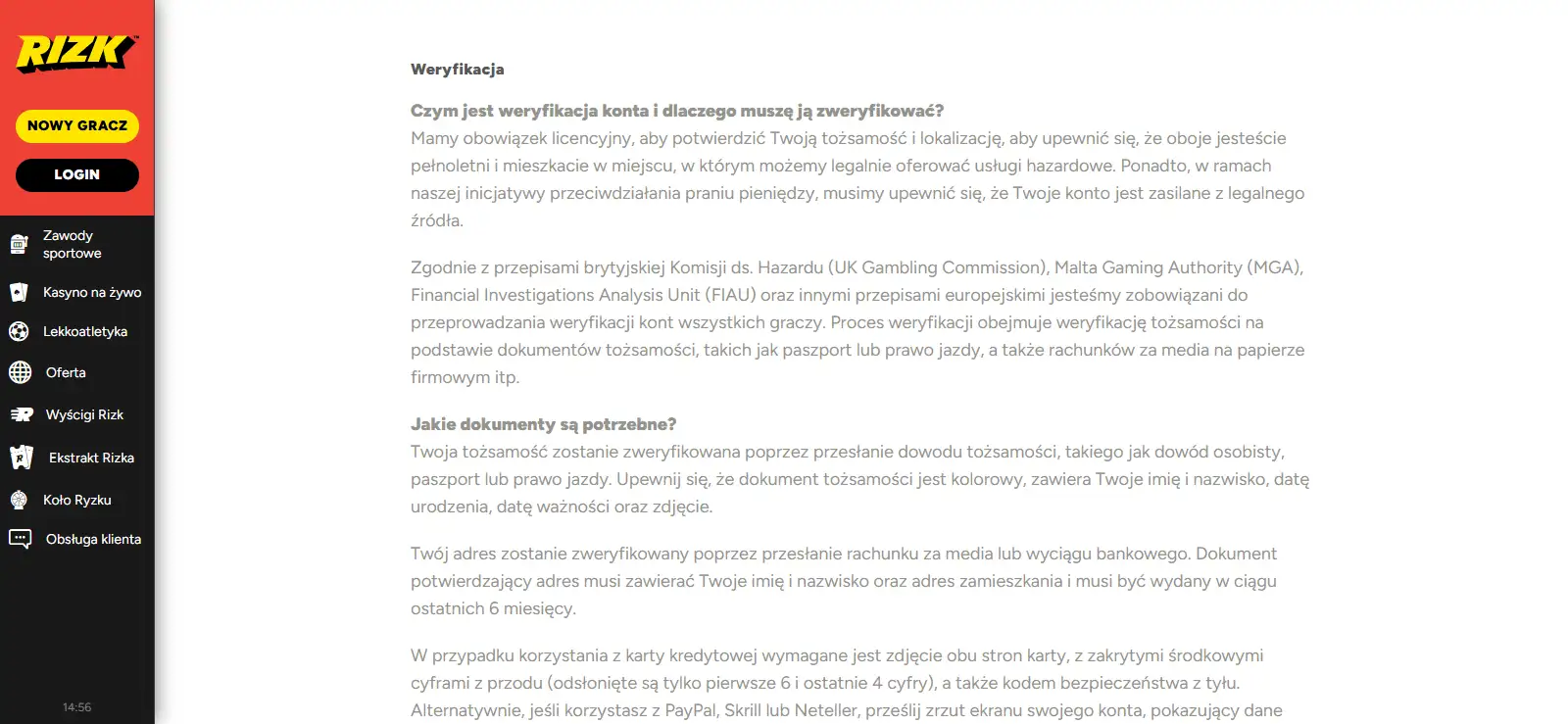 Oficjalny fragment FAQ Rizk dotyczący weryfikacji konta