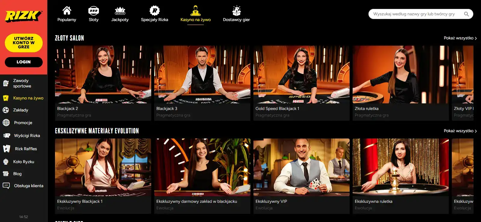 Zrzut oficjalnej sekcji Rizk Live Casino z kategoriami stołów